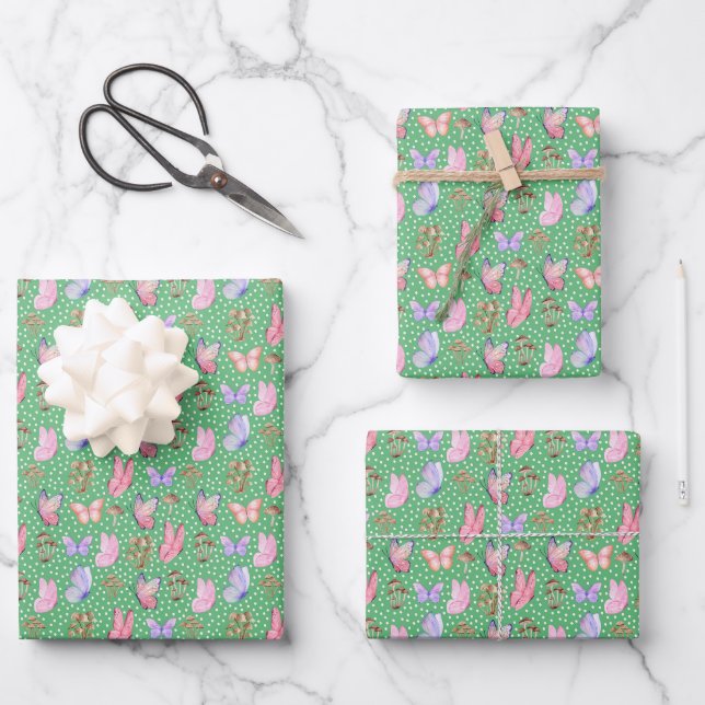 Schmetterlinge und Pilze auf Grün Geschenkpapier Set (Vorderseite)