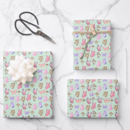 Schmetterlinge und Pilze auf hellgrün Geschenkpapier Set