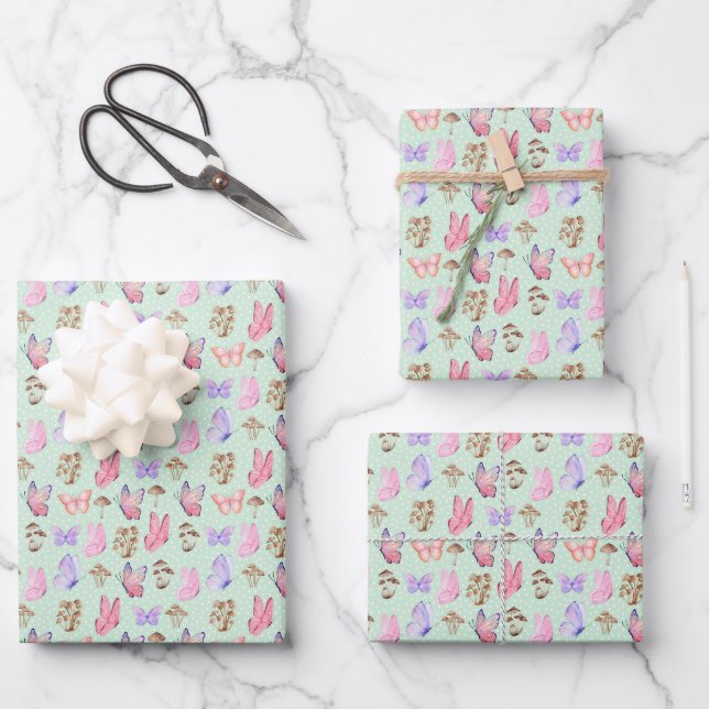 Schmetterlinge und Pilze auf hellgrün Geschenkpapier Set (Vorderseite)