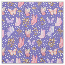 Schmetterlinge und Pilze auf Iris Blue Stoff