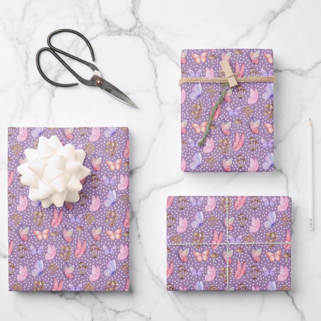 Schmetterlinge und Pilze auf Lila Geschenkpapier Set (Vorderseite)