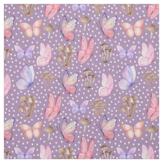 Schmetterlinge und Pilze auf Lila Stoff (Muster)