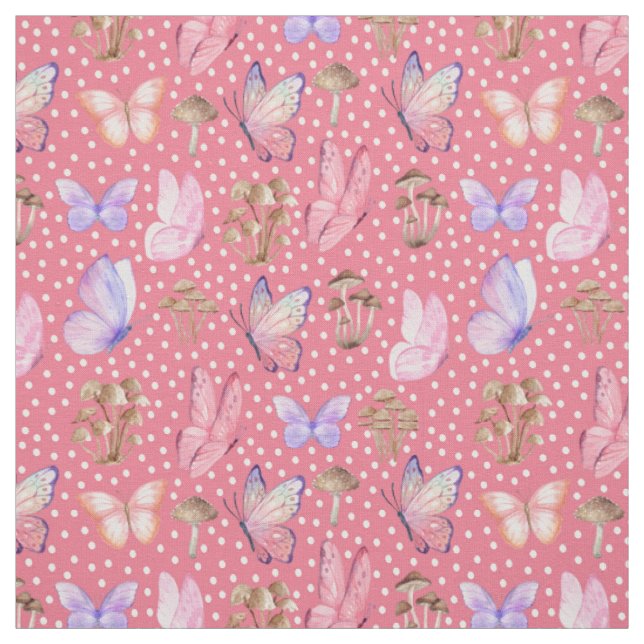 Schmetterlinge und Pilze auf rosa Rosa Stoff (Muster)