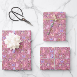 Schmetterlinge und Pilze auf violett rosa Geschenkpapier Set