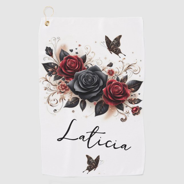 Schmetterlinge und Rose Golfhandtuch (Vorderseite)