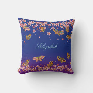 Schmetterlinge und Sakura Blüten Blau Personalisie Kissen