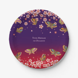 Schmetterlinge und Sakura-Blüten Lila Personalisie Pappteller