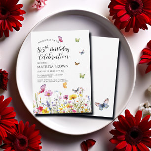 Schmetterlinge und Wildblumen Elegant 85. Geburtst Einladung