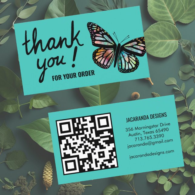 Schmetterlinge Vielen Dank für Ihre Bestellung QR- Visitenkarte (Order thank you card with custom QR code and beautiful butterfly design in teal.)