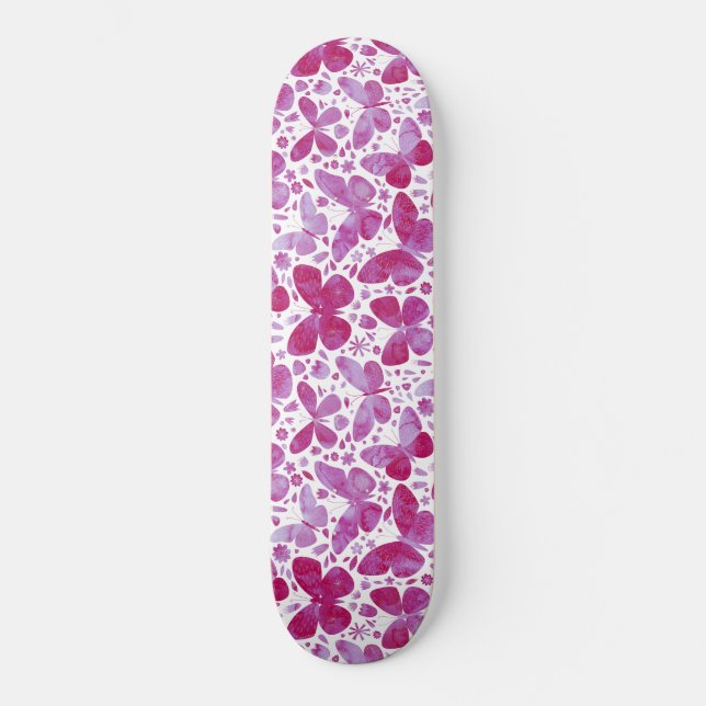 Schmetterlinge Wasserfarbe Magenta Rosa Skateboard (Vorderseite)