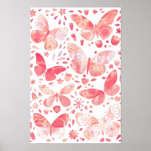 Schmetterlinge Wasserfarbenkoralle Pink Poster (Vorne)