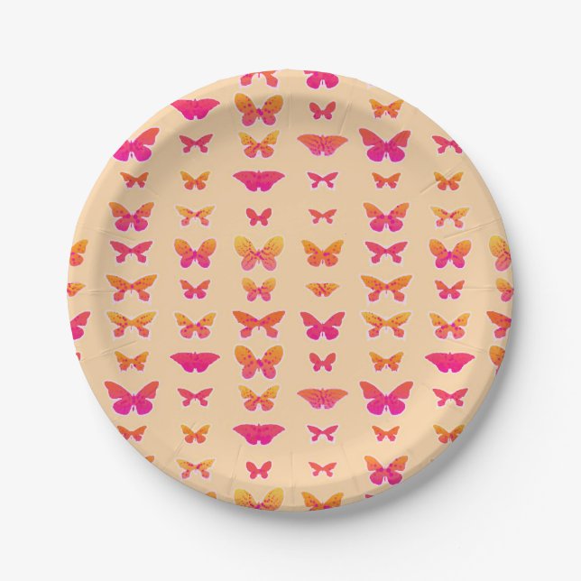 Schmetterlinge, weich orange, Korallenrosa, Gold Pappteller (Vorderseite)