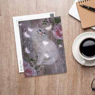 Schmetterlinge Weiße Kitty Katze Floral Postkarte