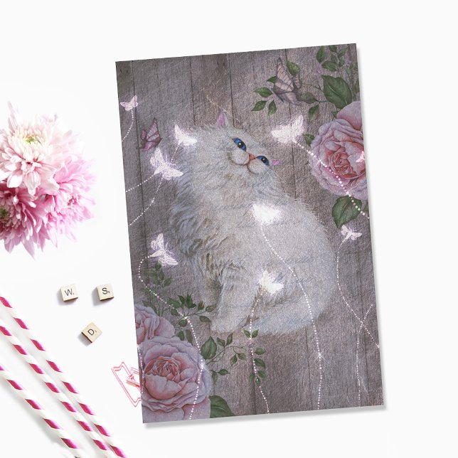 Schmetterlinge White Kitty Cat Floral Decoupage Seidenpapier (Von Creator hochgeladen)