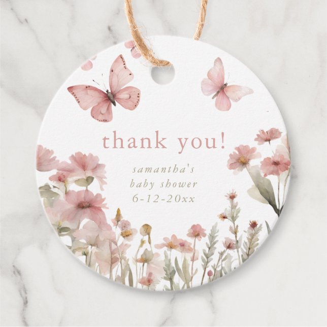 Schmetterlinge Wildblumen Feder Babydusche Blüte Geschenkanhänger (Vorderseite)