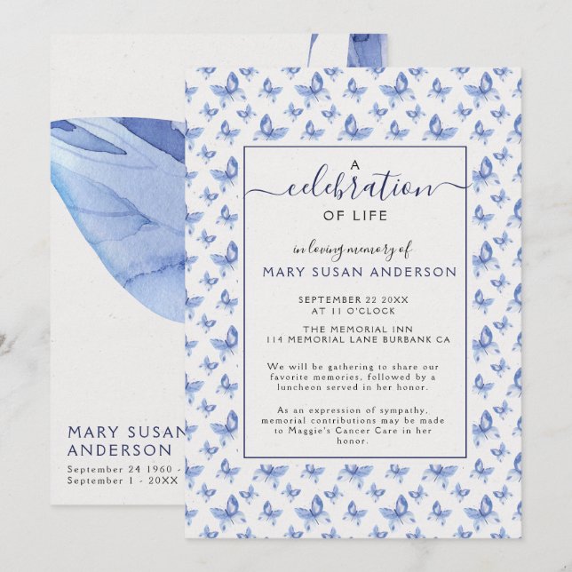 Schmetterlinge zum Gedenken an das Leben Einladung (Vorne/Hinten)