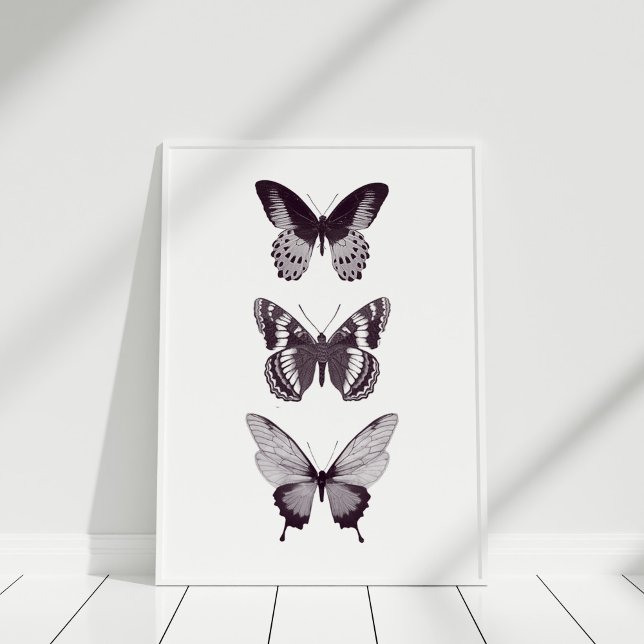 Schmetterlingposter Poster (Black and White Minimalist Butterfly Poster in a white frame.)