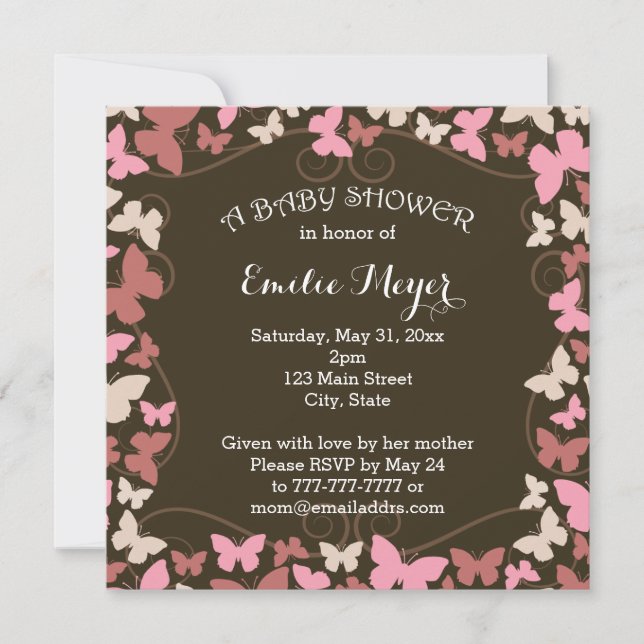 Schmetterlings-Babyparty-Einladung Browns rosa Einladung (Vorderseite)