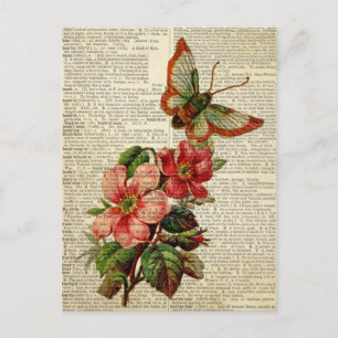 Schmetterlings-Blumenkunst auf einer alten Wörterb Postkarte