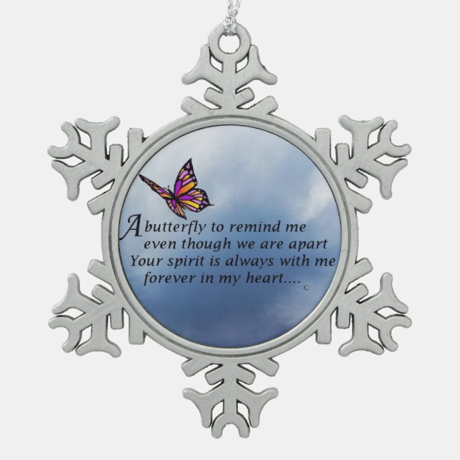Schmetterlings-Denkmal-Gedicht Schneeflocken Zinn-Ornament (Vorderseite)