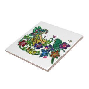 Schmetterlings-Frau mit Blumen u. Vogel Fliese