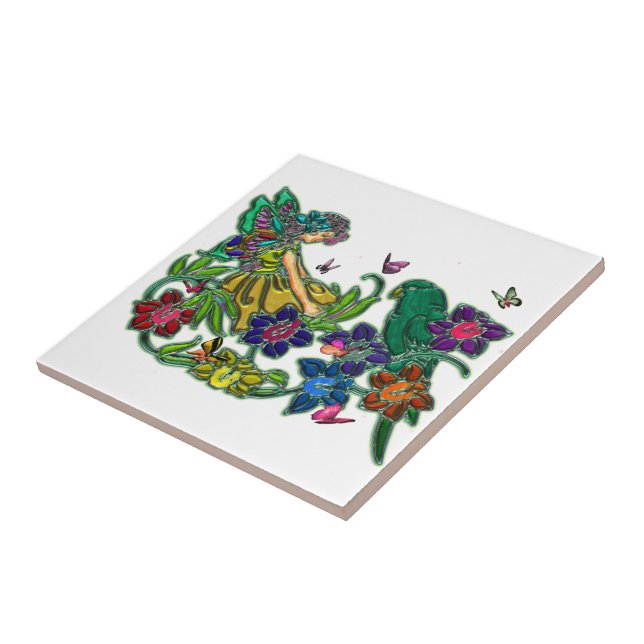 Schmetterlings-Frau mit Blumen u. Vogel Fliese (Seite)