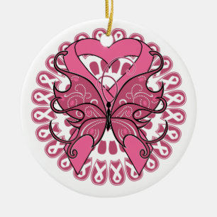 Schmetterlings-Herz-Band - Brustkrebs Keramik Ornament