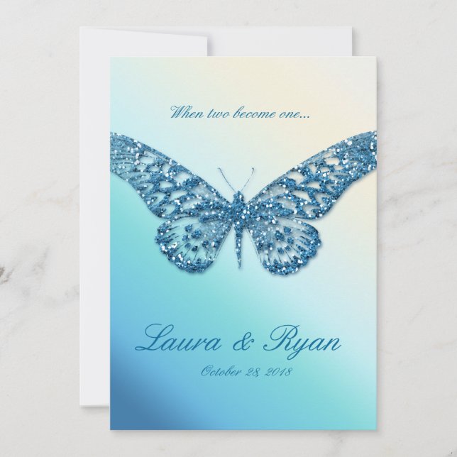 Schmetterlings-Hochzeit laden Schein-Blau ein Einladung (Vorderseite)
