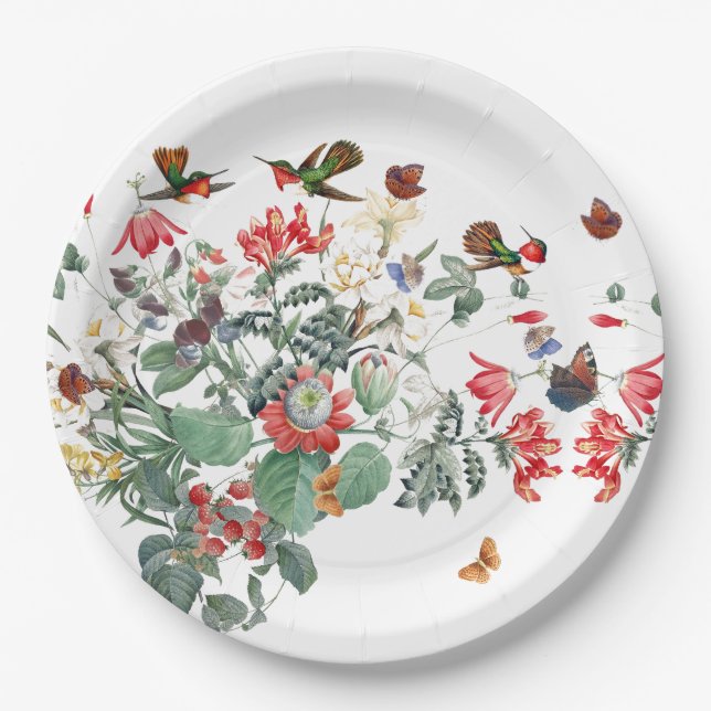 Schmetterlings-Kolibri-Vogel-Garten-Blumen-Party Pappteller (Vorderseite)