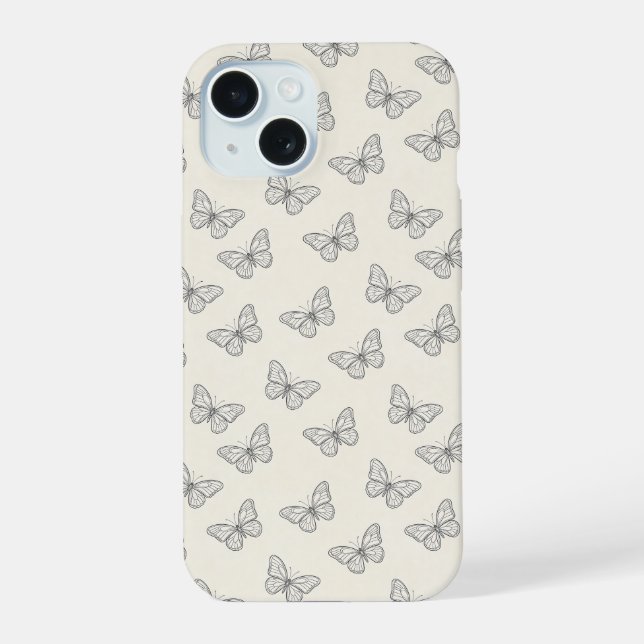 Schmetterlings-Linienkunst-Muster iPhone 15 Hülle (Rückseite)