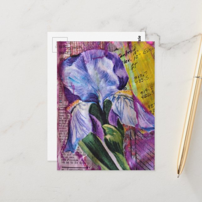 Schmetterlings-Schwertlilie-Blume Mixed-Media-Coll Postkarte (Vorderseite/Rückseite Beispiel)