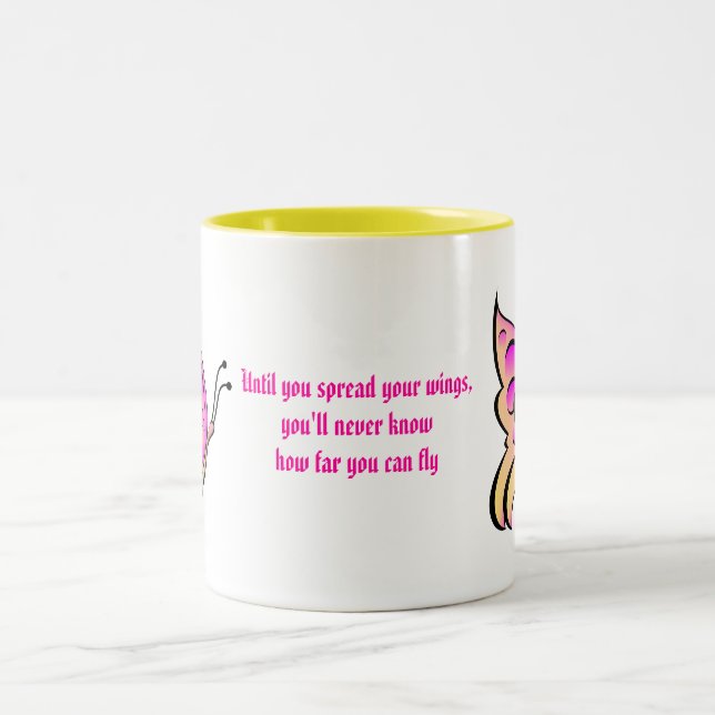 Schmetterlings-Zitat Zweifarbige Tasse (Mittel)