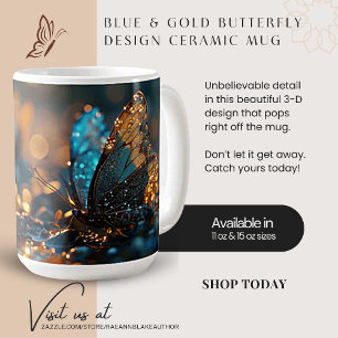 Schmetterlingsdesign aus Blau und Gold Keramikbech Kaffeetasse