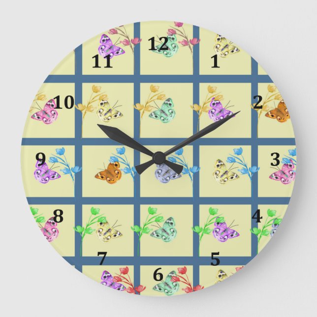 Schmetterlingsdesign in blassgelben und gemischten große wanduhr (Vorderseite)