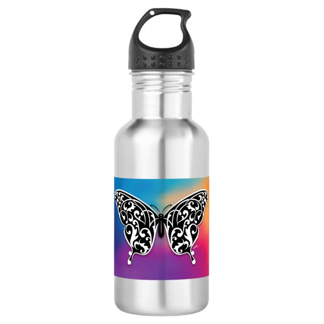 Schmetterlingsdesign mit Sunset-Farben Edelstahlflasche (Vorderseite)