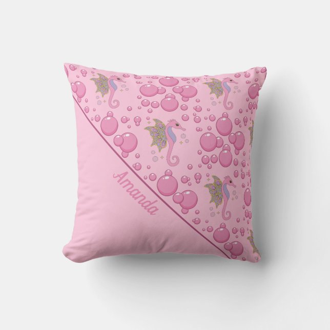 Schmetterlingseil-Seepferd in Bläschen Custom Pink Kissen (Vorderseite)