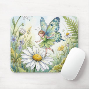 Schmetterlingsfee in einem Gänseblümchen-Garten Mousepad