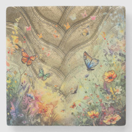 Schmetterlingsgarten mit goldenem Akzent Steinuntersetzer