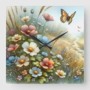 Schmetterlingsgarten Wildblumenwiese Quadratische Wanduhr