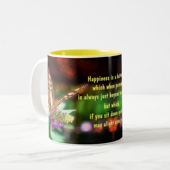 Schmetterlingsglück Zitat Inspiration Zweifarbige Tasse (Vorderseite Links)