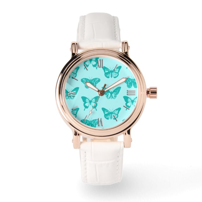 Schmetterlingskizze, Aqua und Türkis Armbanduhr (Vorderseite)