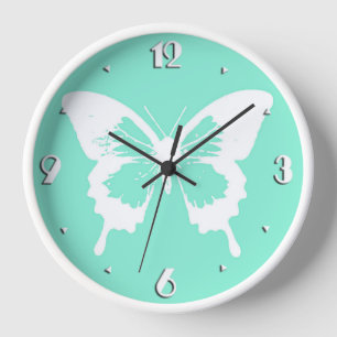 Schmetterlingskizze, Aqua und Weiß Wanduhr