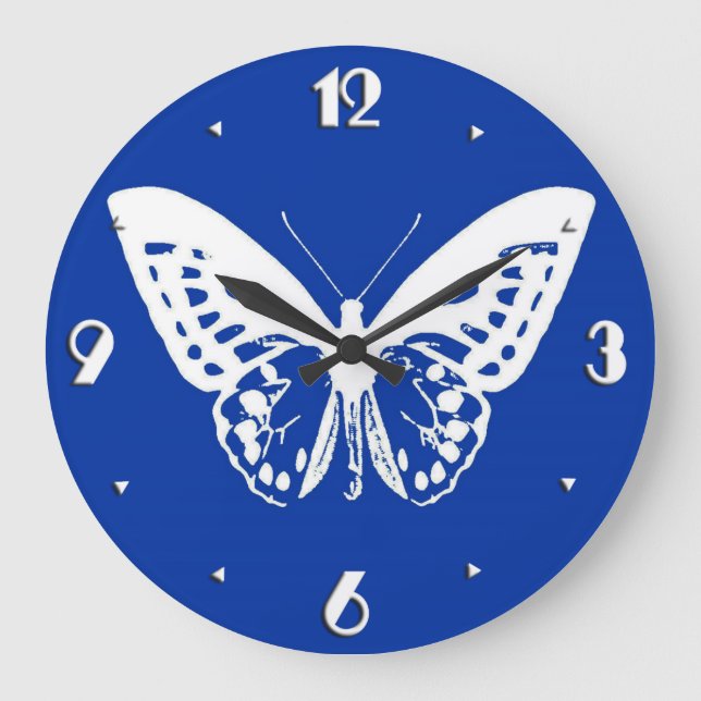 Schmetterlingskizze, Kobaltblau und weiß Große Wanduhr (Vorderseite)