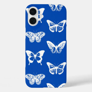Schmetterlingskizze, Kobaltblau und weiß iPhone 16 Plus Hülle