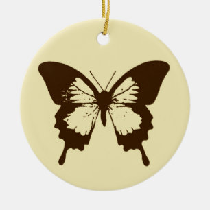 Schmetterlingskizze, schokoladenbraun auf Beige Keramik Ornament