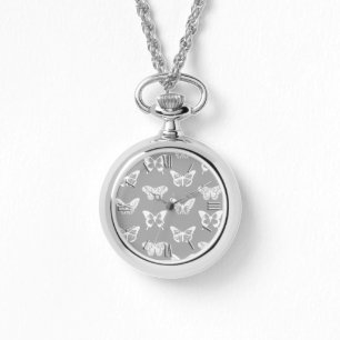 Schmetterlingskizze, silbergrau und weiß armbanduhr