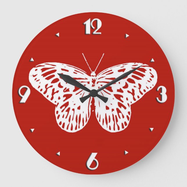 Schmetterlingskizze, tiefrot und weiß große wanduhr (Vorderseite)