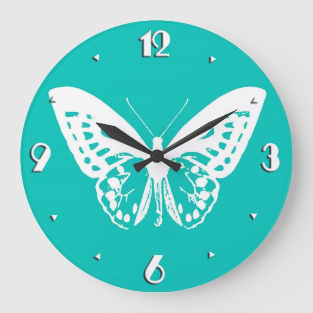 Schmetterlingskizze, türkis und weiß große wanduhr (Vorderseite)