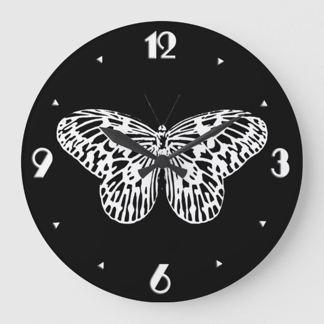 Schmetterlingskizze, weiß und schwarz große wanduhr (Vorderseite)