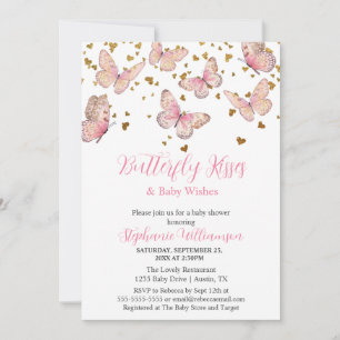 Schmetterlingsküsse Baby Shower in Rosa und Gold Einladung